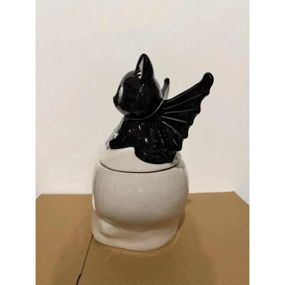 10 Strawberry Street Halloween Black Cat Batwings On Skull Cookie Jar Container